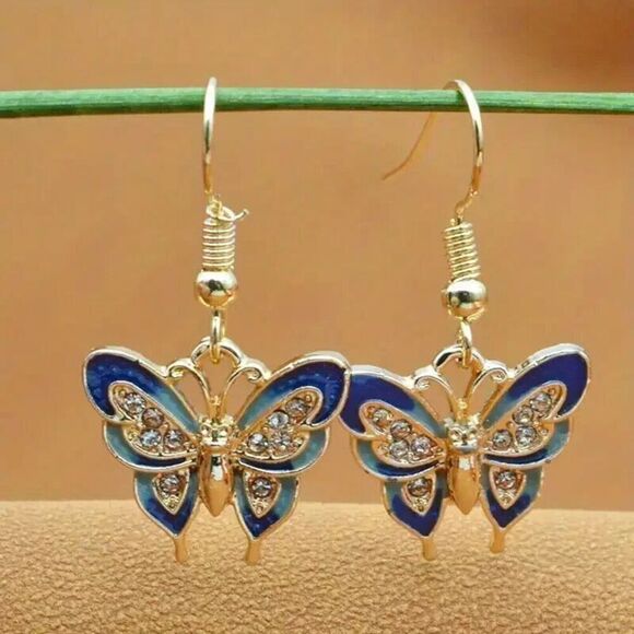 Exquisite Blue Enamel Butterfly Design Shiny Zircon Dangle Earrings. - Picture 3 of 5